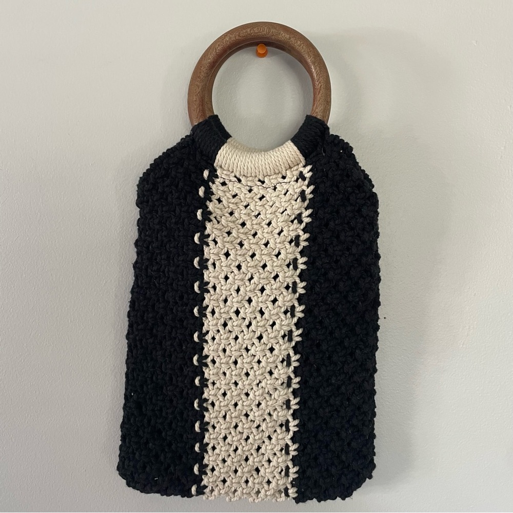 Laude the Label Black and Cream Crochet Bag with Wooden Circle Handle